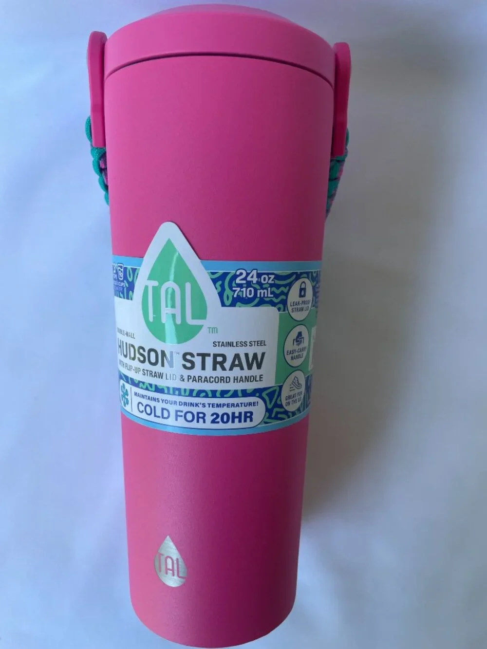 Pink 24oz Insulated Water Bottle Double Wall Stainless Steel Flip Straw & Handle